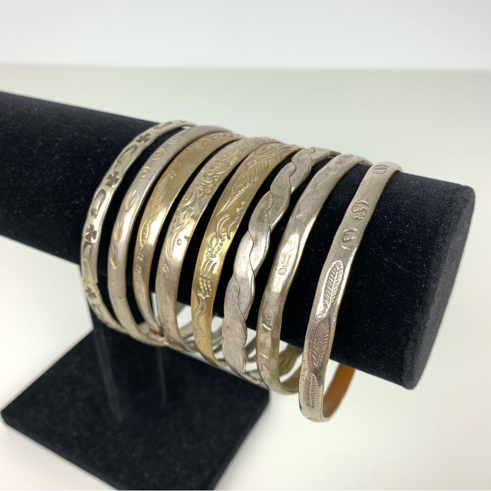 Lot Of 8 Bracelet Bangles Silver Stamped 925 Sterling Different Motifs Vtg READ